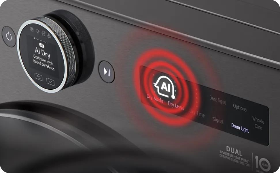 A close-up image of an LG dryer's control panel shows the “AI” symbol with red circular swirls emanating from it.