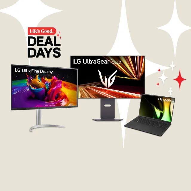 “Life’s Good Deal Days” title badge. A group of LG monitors and laptops appear on a tan background. 