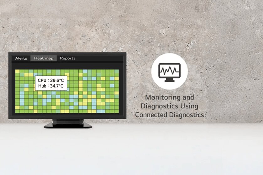 A monitor displaying a heat map with CPU and Hub temperatures, accompanied by text about monitoring and diagnostics.

Transcribed Text:

Alerts
Heat map
Reports
CPU : 39.6°C
Hub : 34.7°C
Monitoring and Diagnostics Using Connected Diagnostics