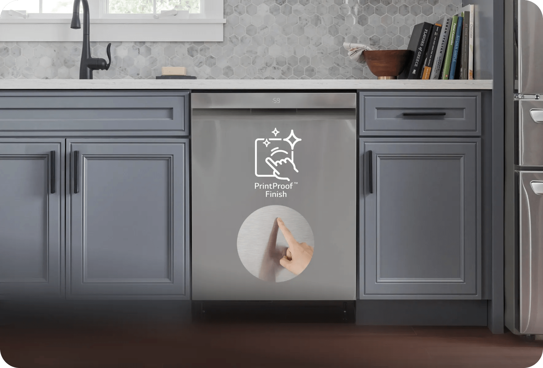 A darkened image shows an open LG dishwasher with tableware illuminated by inner tub lights.