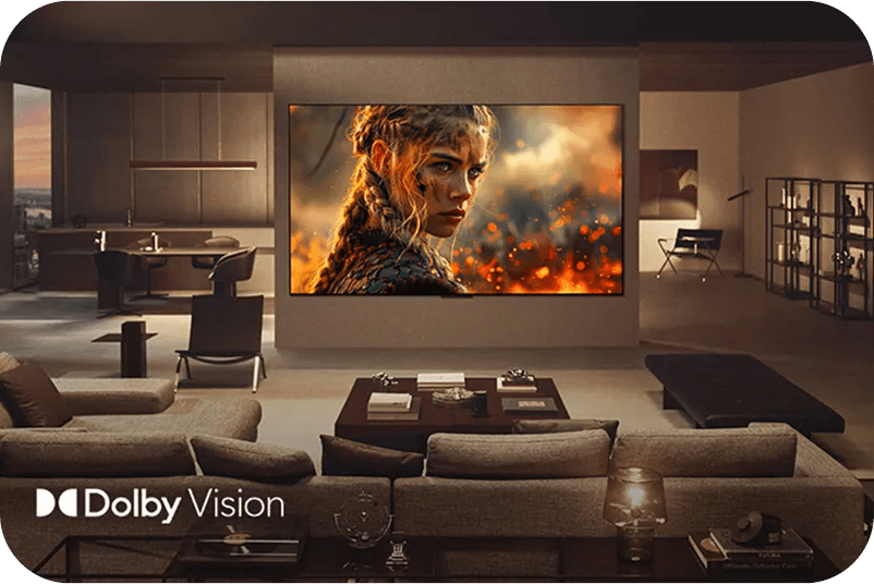 Spacious modern living room with an LG TV displaying a dramatic scene with a woman in close up and a fiery background.