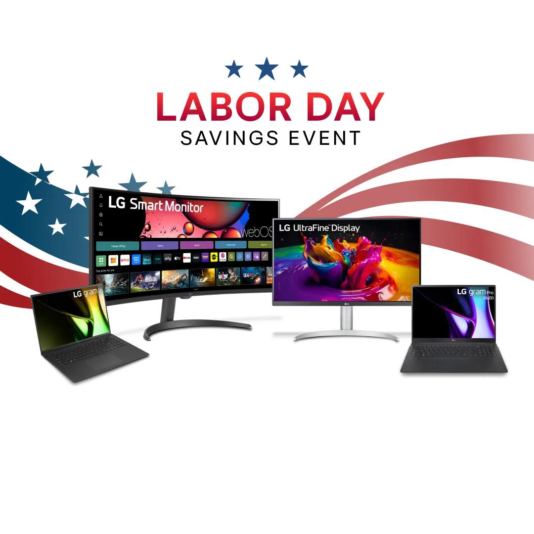 “Labor Day Savings Event” title badge. Various LG laptops and monitors appear on a stars and stripes background. 