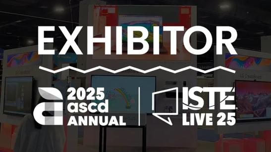 A photo of LG's booth at ISTELive 2024, darkened and with the ISTELive show logo in white over it.