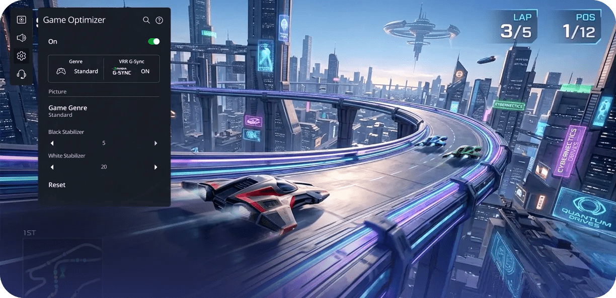 Futuristic racing game on a city track displayed on an LG TV, with a game optimizer panel on the left showing genre, VRR/G-SYNC and picture settings.