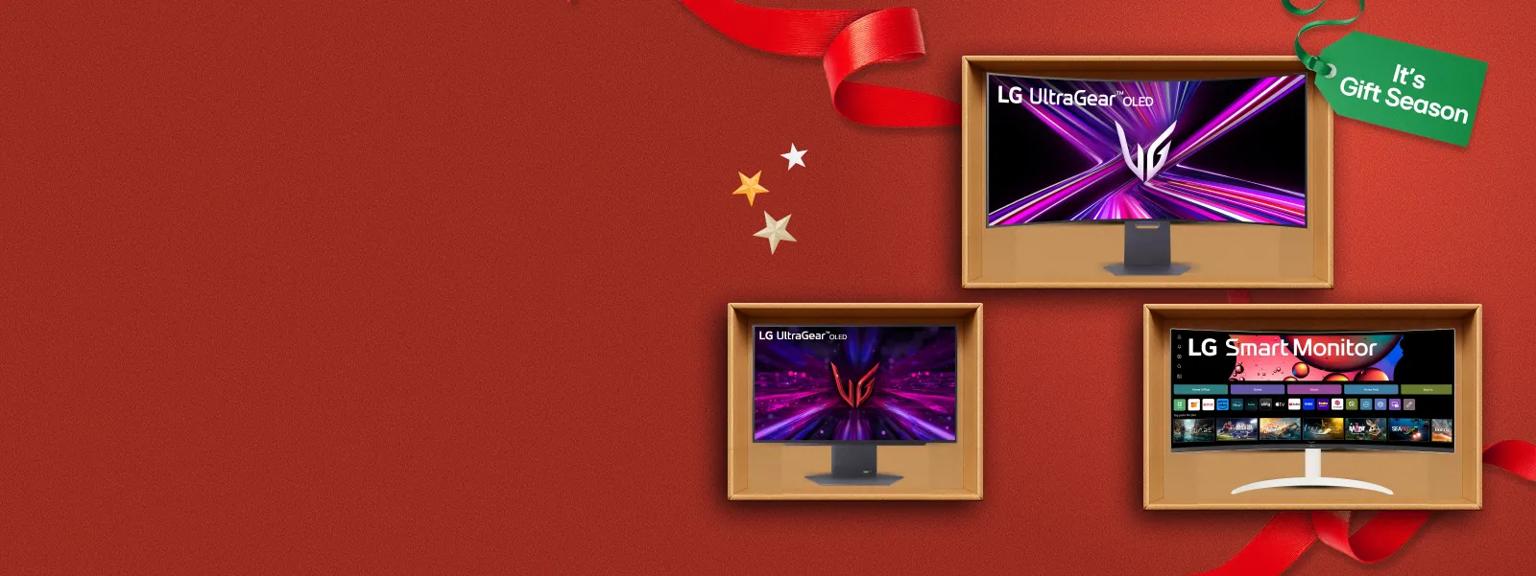 “It’s Gift Season” tag. Various LG electronics and holiday-themed items appear on a gift box collage layout.