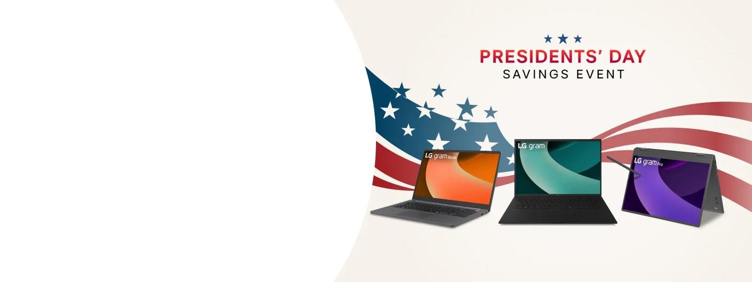 “Presidents’ Day Savings Event” title badge. Various LG Laptops appear on a stars and stripes background. “2025 PCMag Readers’ Choice” badge.