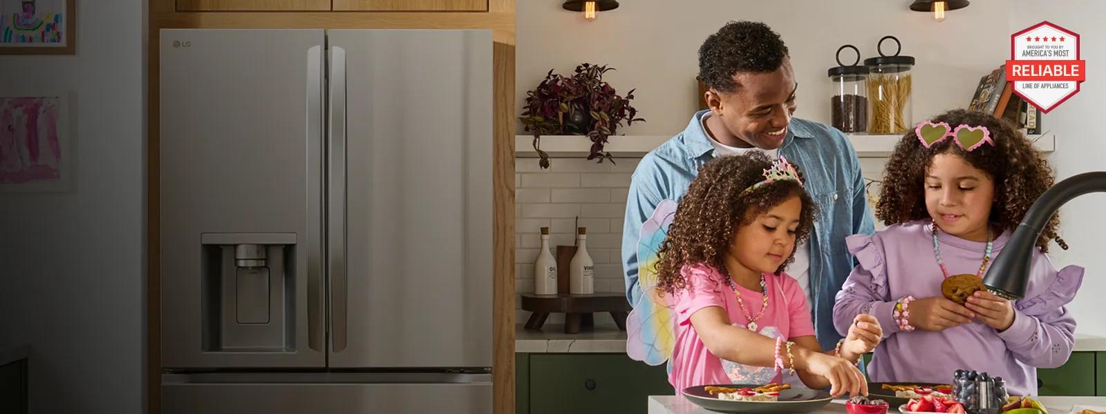 Two young girls play dress-up in a kitchen with an LG refrigerator as they prepare a healthy snack with their dad.