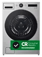 Front view of silver front-load washer with Consumer Reports Recommended banner at the bottom right.