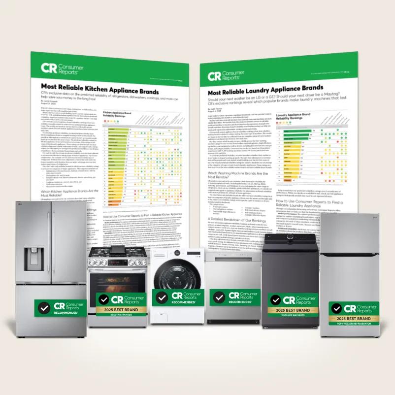 Two Consumer Reports ratings charts are side by side. Below, a lineup of an LG french door refrigerator, range, front load washer, dishwasher, top load washer and top freezer refrigerator, all with Consumer Reports Recommended badges.