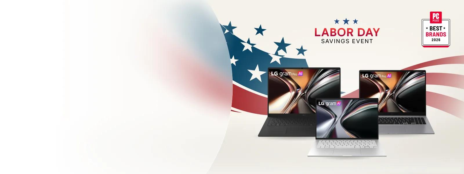 Labor Day Savings Event featuring LG gram Pro AI and LG gram AI laptops against a patriotic flag backdrop, with PC Mag Best Brands 2026 badge