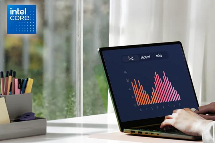A close-up of a gram laptop in a home office. Data charts are on the gram's screen.  An Intel Core logo is in the bottom left corner.