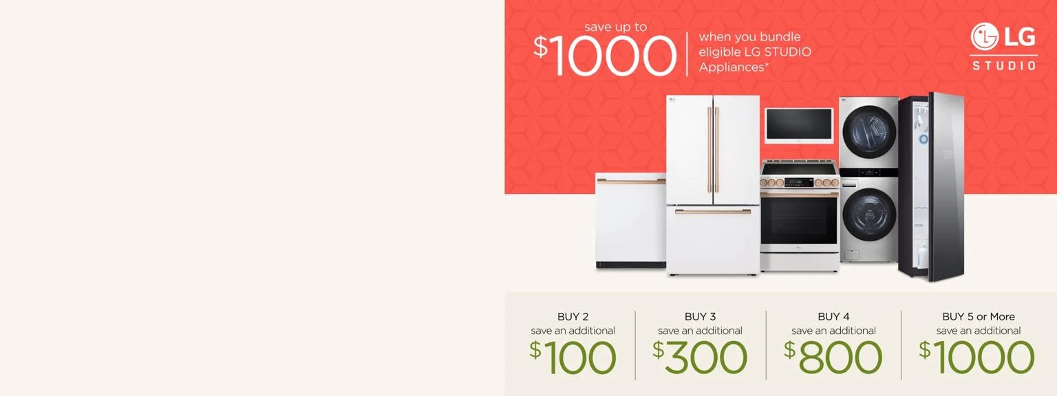 text reading save up to $1000 when you bundle eligle  LG STUDIO appliances above images of kitchen appliances