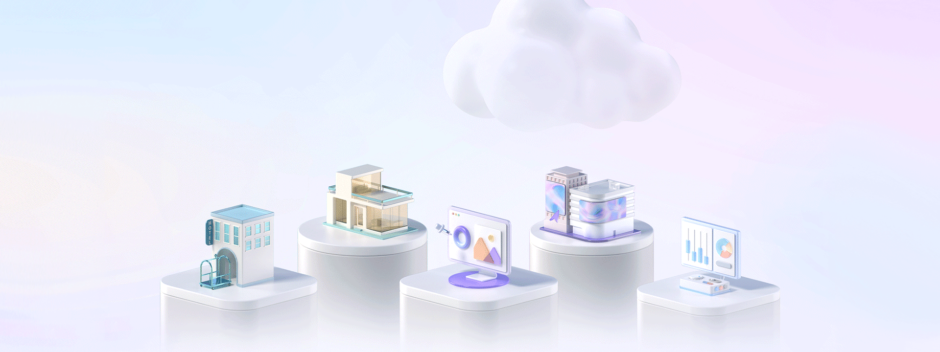3D illustration of LG Business Cloud concept showing connected buildings, displays, and data dashboards under a large floating cloud