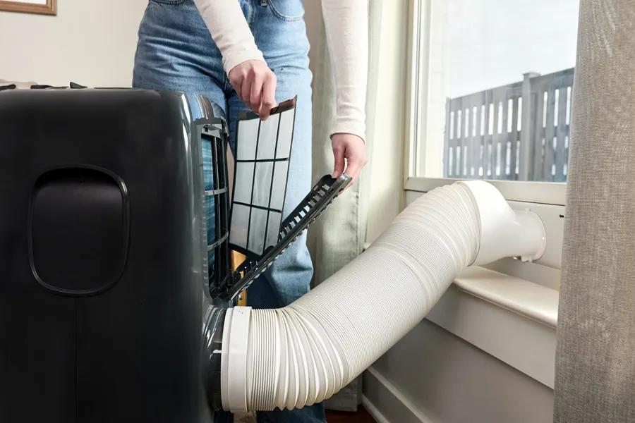 This air conditioner features a slide-out, eashable filter that’s easy to access and remove without tools.