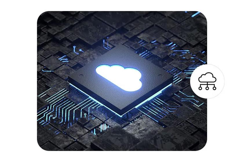 A glowing computer chip with a cloud-shaped icon on it.