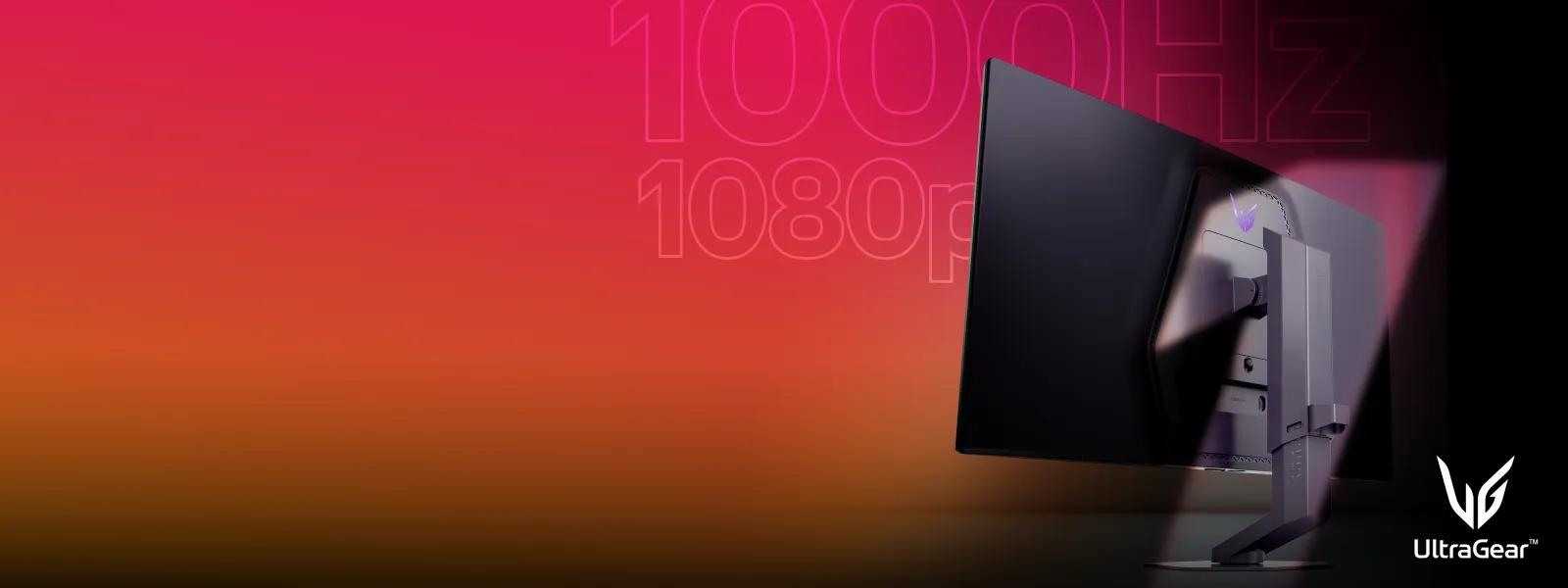 Rear angled view of the LG UltraGear™ gaming monitor against a pink and orange gradient background, with large '1000Hz' and '1080p' graphics in the backdrop and the UltraGear™ logo in the bottom right corner.
