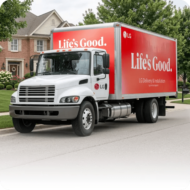 LG-branded delivery truck with “Life's Good” on the side parked in a suburban neighborhood, representing free in-home delivery service.
