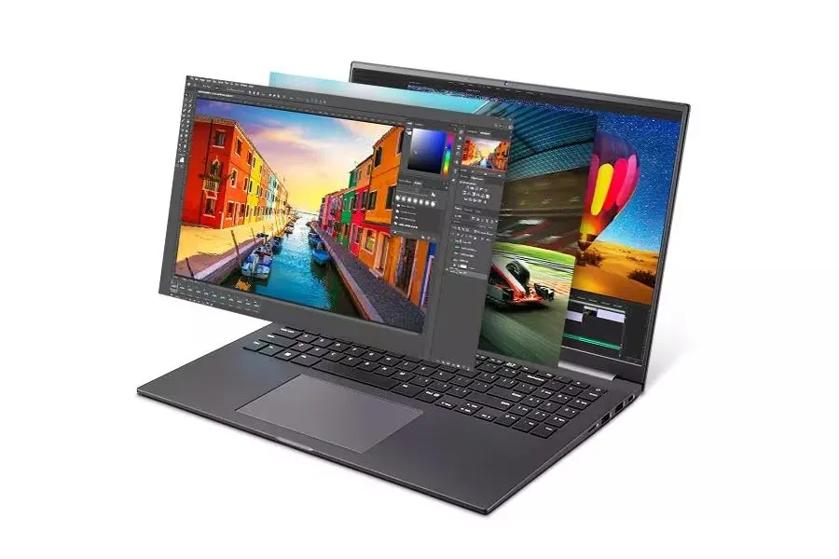 A black LG Ultra PC Laptop sits at a 45 degree angle, showcasing several open screens of different content. This is showcasing the dual memory for the computer