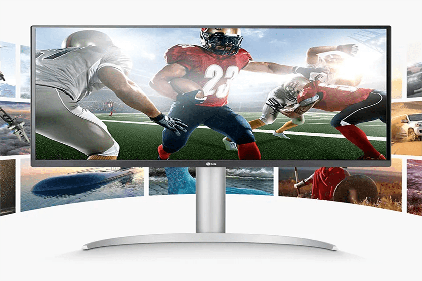 A monitor displaying an American football game with a player in red and navy pushing through defenders. Surrounding images depict various scenes and subjects.