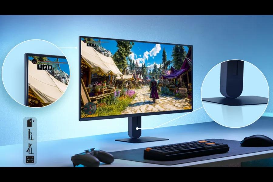 LG 27G414B-B UltraGear Monitor gaming setup with side port panel and rear stand design callouts