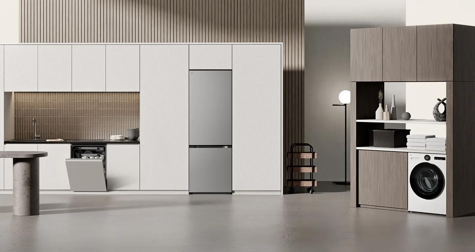 LG dishwasher, refrigerator, and front-load washing machine displayed together in a modern home setting
