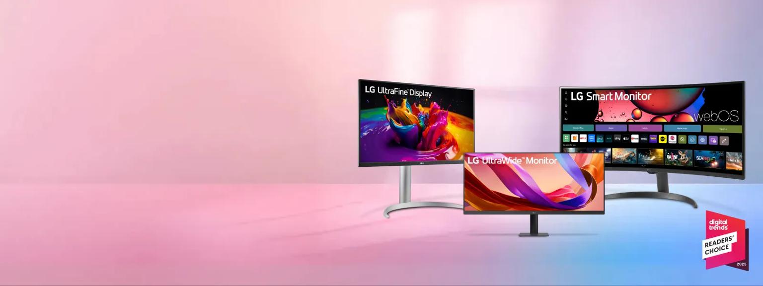 A lineup of LG Monitors against a pink and blue gradient background. A red 'Digital Trends Readers' Choice' badge is in the bottom right.