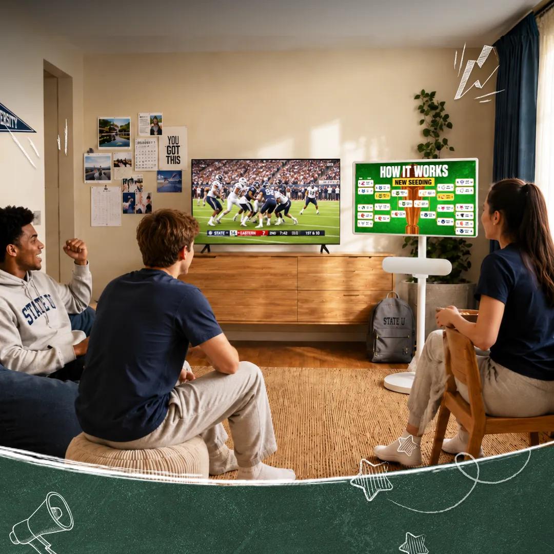 Three college students watching football on an LG TV alongside a portable LG screen on a stand displaying a tournament bracket in a dorm room living space.