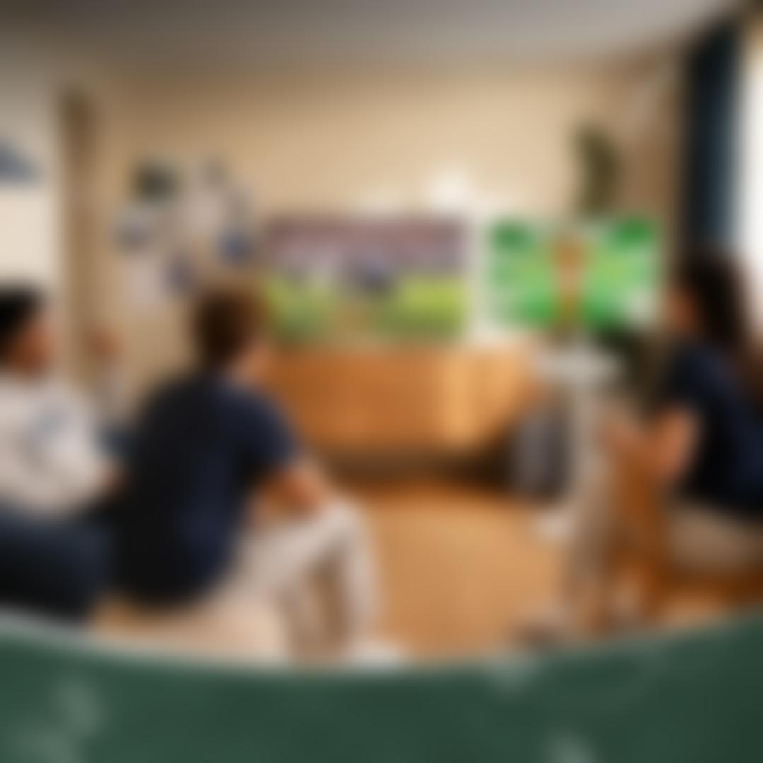 Three college students watching football on an LG TV alongside a portable LG screen on a stand displaying a tournament bracket in a dorm room living space.