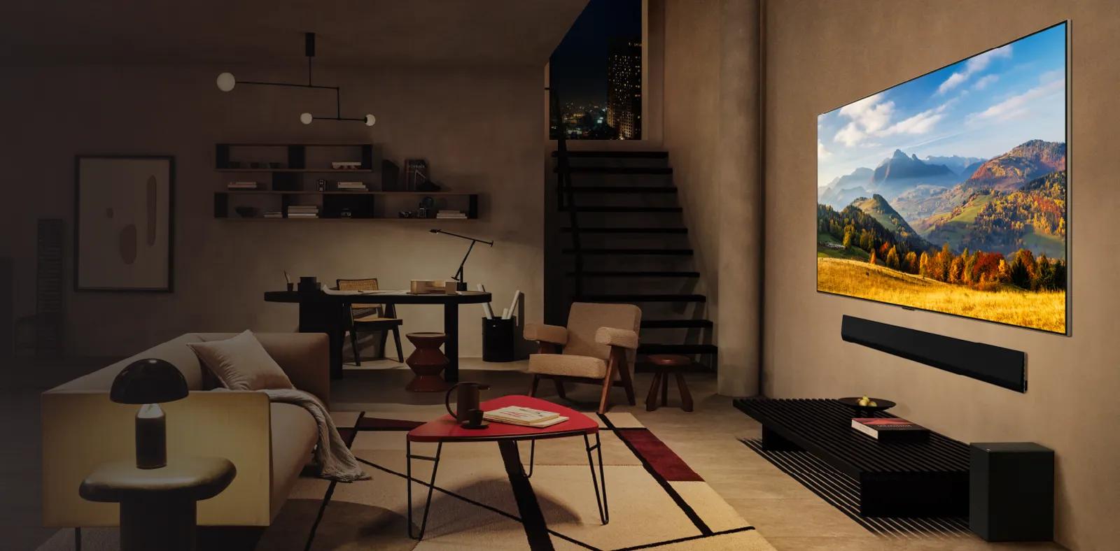 A stylish living room with a TV displaying a scenic landscape.
