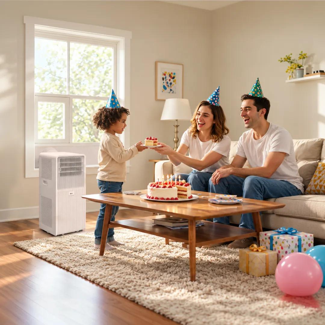 A family in party hats celebrates a birthday in a sunny living room, with a portable air conditioner by the window keeping the room cool.