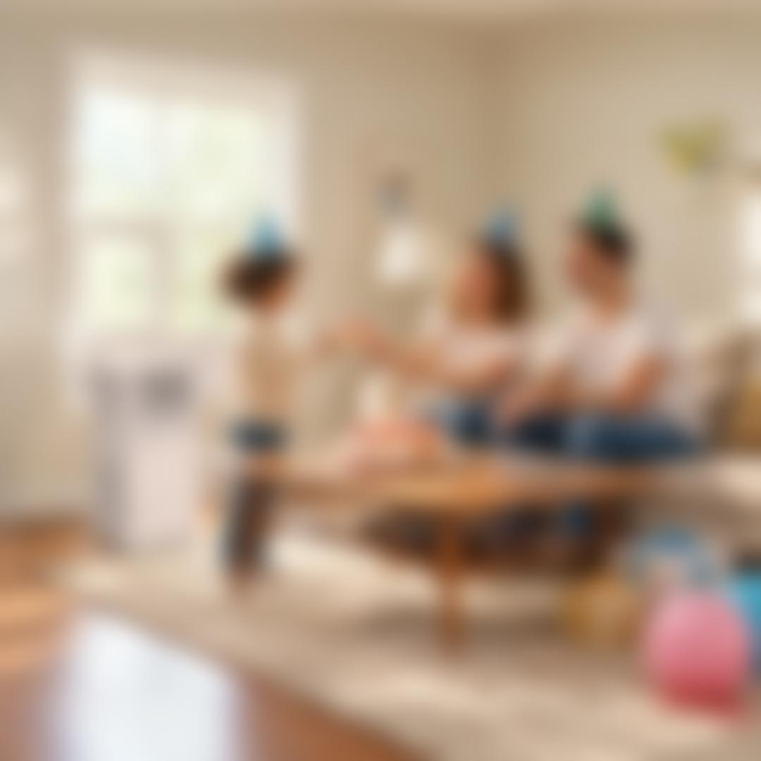 A family in party hats celebrates a birthday in a sunny living room, with a portable air conditioner by the window keeping the room cool.
