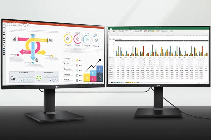 Two LG monitors displaying a colorful infographic and a spreadsheet with a bar chart.