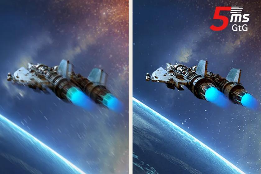 On the left, a video game image of a space ship is blurry and low quality. On the right, the same image has been stabilized and the image is crisp and clear.