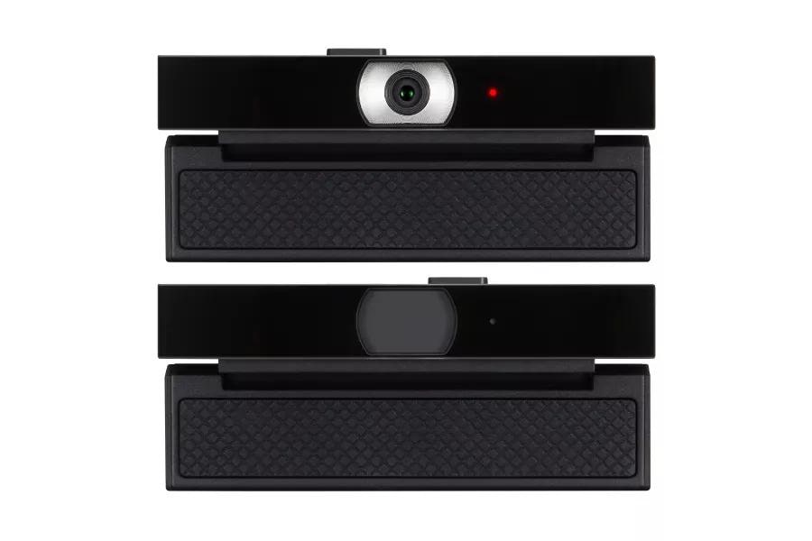 The LG Smart Cam shown with the privacy slider open and closed.