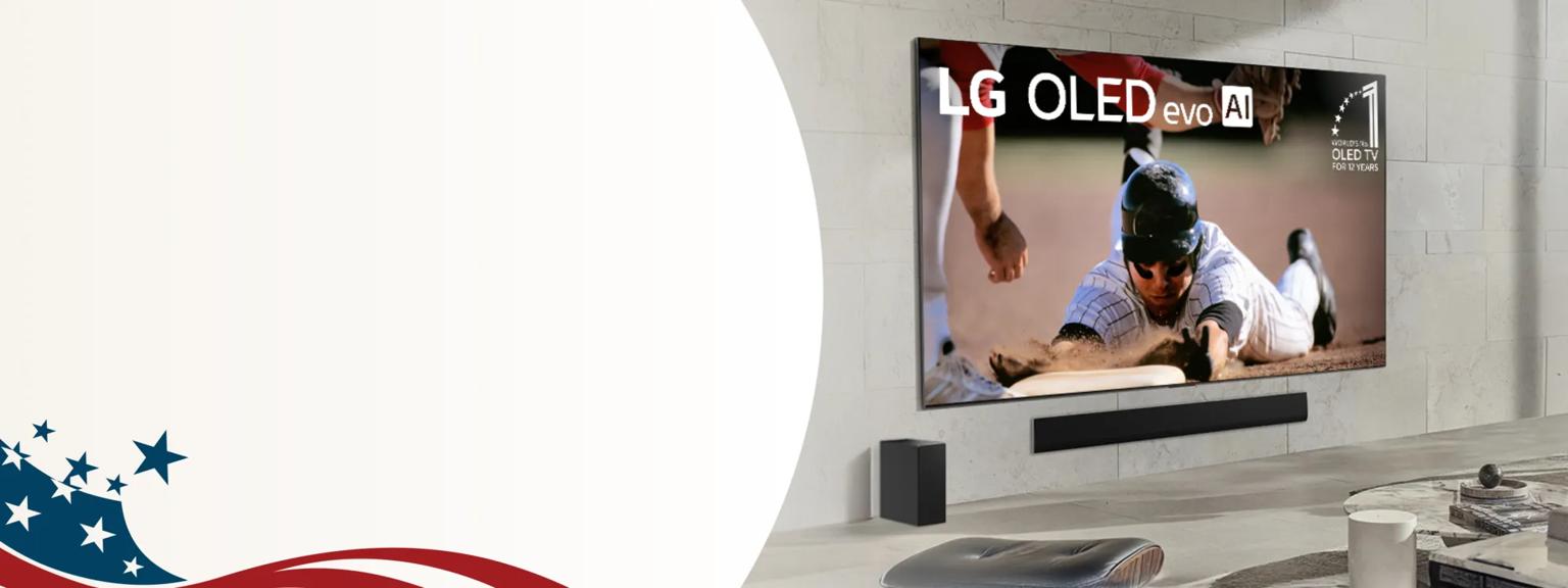 Modern living room featuring an LG OLED evo AI TV displaying a baseball scene, with a mounted soundbar and subwoofer; American-themed design element on the left side.