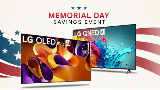 “Memorial Day Savings Event” title badge. An LG OLED and QNED TV appear side-by-side. The infill of the OLED displays a badge reading “World’s No. 1 OLED TV for 12 Years”. A stars and stripes graphic appears behind the TVs.
