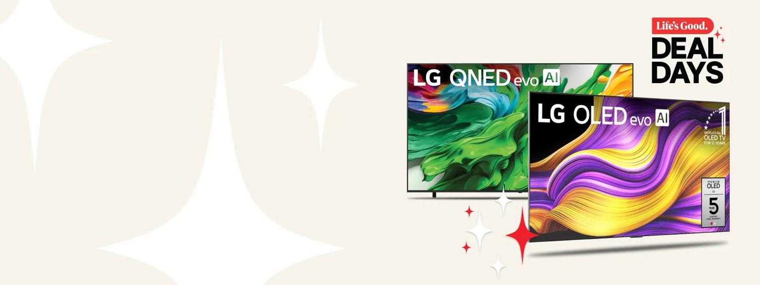 “Life’s Good Deal Days” title  badge. An OLED and QNED TV on a white background.