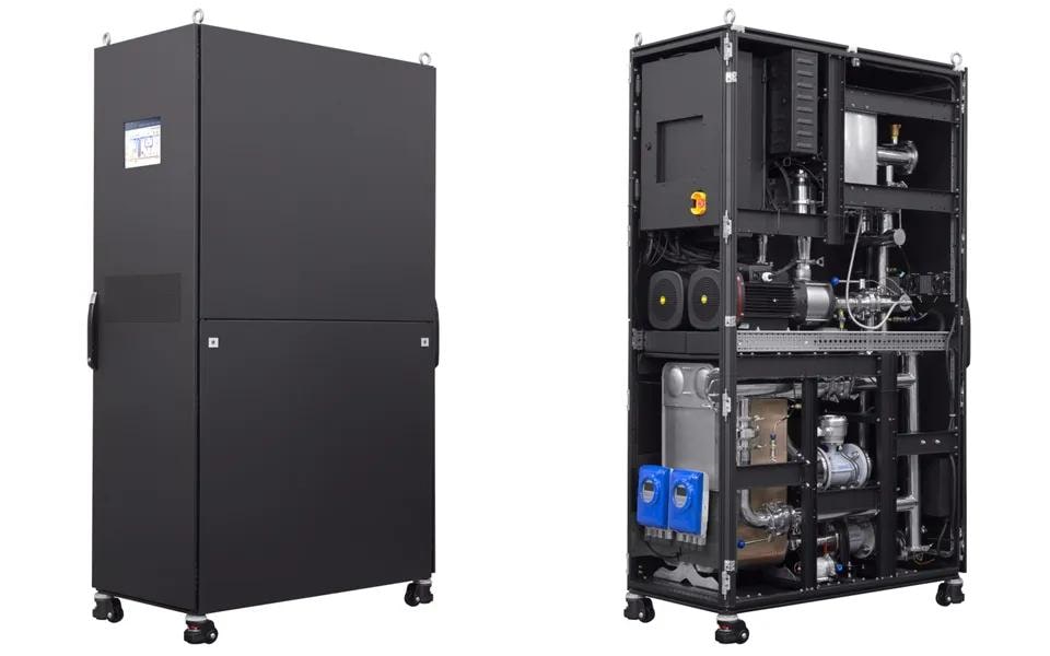 Two views of a large, black, industrial equipment cabinet on wheels, shown side-by-side against a white background. The view on the left shows the unit fully enclosed with a small display screen on its side panel. The view on the right shows the unit with its side panels removed, revealing a complex internal system of wires, dual fans, metal piping, electronic control modules, and mechanical pumps.