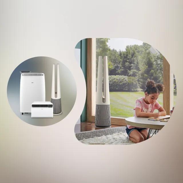 A girl sits on the floor beside a fan and a smart air purifier, enjoying a cool breeze and clean air in a cozy indoor setting.