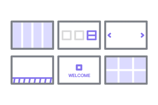 Six geometric icons in purple and gray arranged on a gray background.