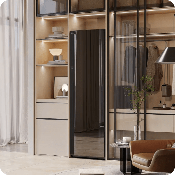 LG Styler® placed in a cozy, modern kids' room with toys and soft décor.