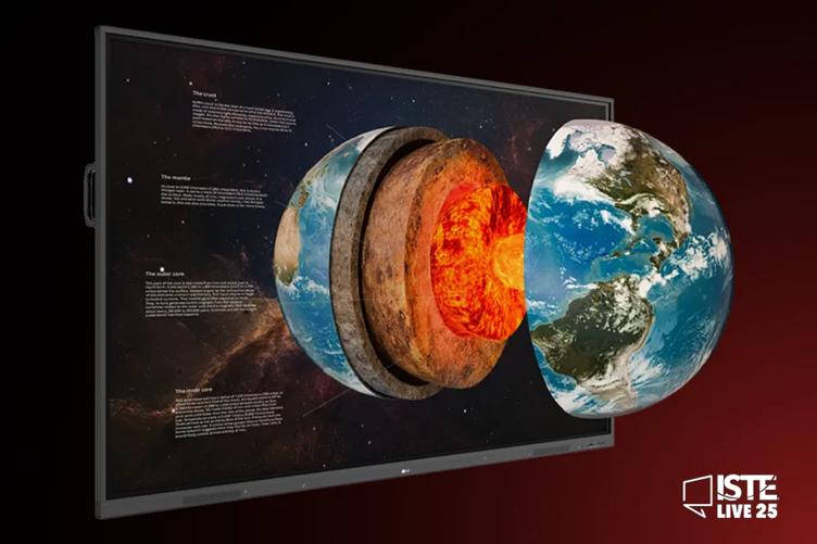 An LG CreateBoard on a black background with red gradient. An educational model of the earth showing the layers of the planet is on the display, with the left-hand curve of the earth expanding out past the bounds of the CreateBoard's frame. An ISTE Live 2025 logo is in the bottom left corner.