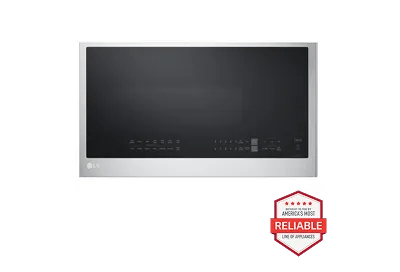 A front-facing image of the LG MVEL2033F over-the-range microwave next to a red 'America's most reliable line of home appliances' badge.