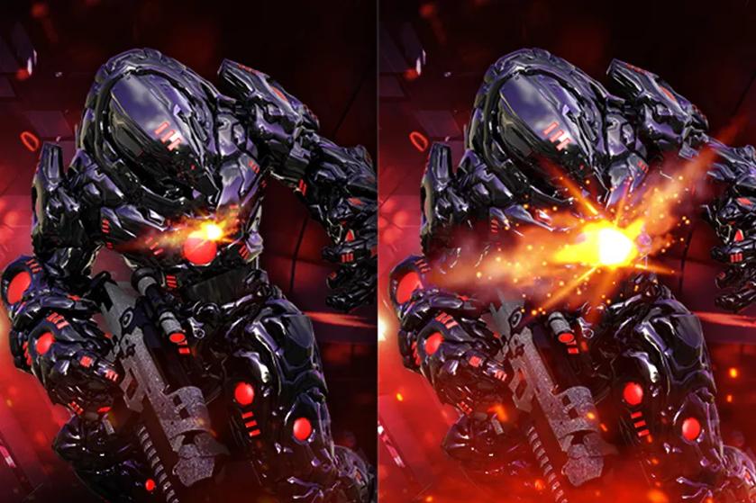 Futuristic armored figure emitting bright light and sparks from its chest.