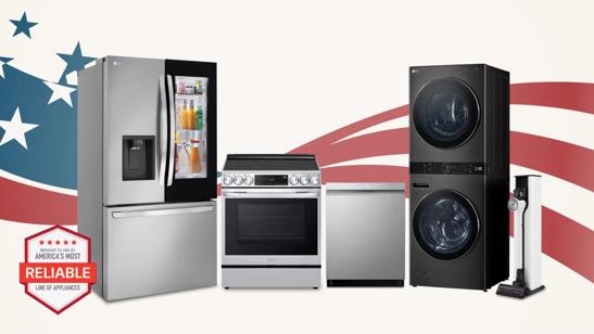A group of LG home appliances in front of graphic of American Flag. “America’s Most Reliable Line of Home Appliances” badge below.
