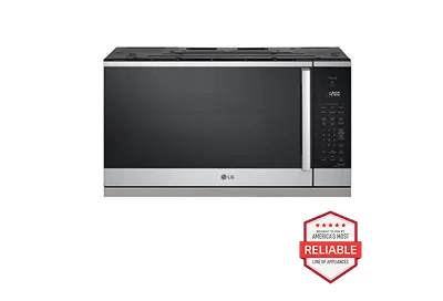 A front-facing image of the LG MVEL2125X over-the-range microwave next to a red 'America's most reliable line of home appliances' badge.