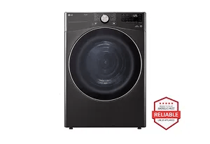 A front-facing image of the LG DLHC4002B front load dryer next to a red 'America's most reliable line of home appliances' badge.