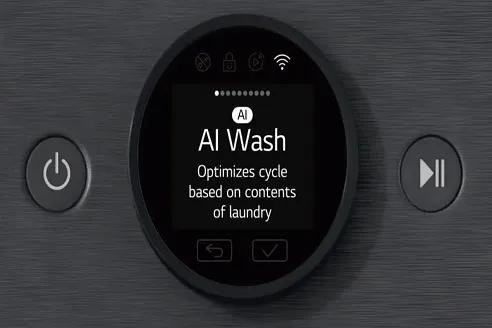 Close up of LG washer on AI Wash setting which optimizes cycle based on  contents of laundry.