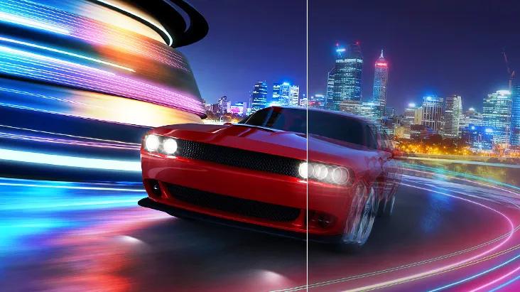 A fast - moving red car through a city streets is blurry, yet the right side of the screen is crystal clear, showcasing the fast response time of the lg gram OLED