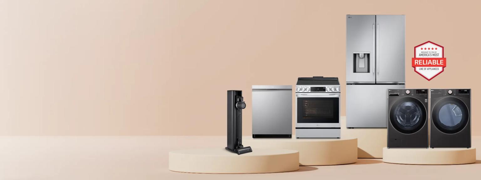 A group of LG appliances on a beige background. “America’s Most Reliable Line of Home Appliances” badge. 
